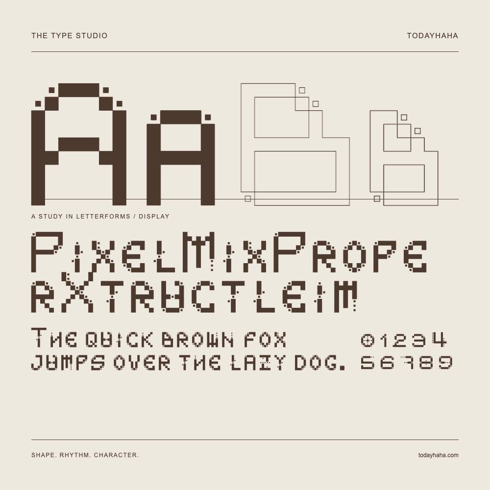 PixelMixProperXtructleim — Buchstabenstudie mit Beispielsatz und Ziffern