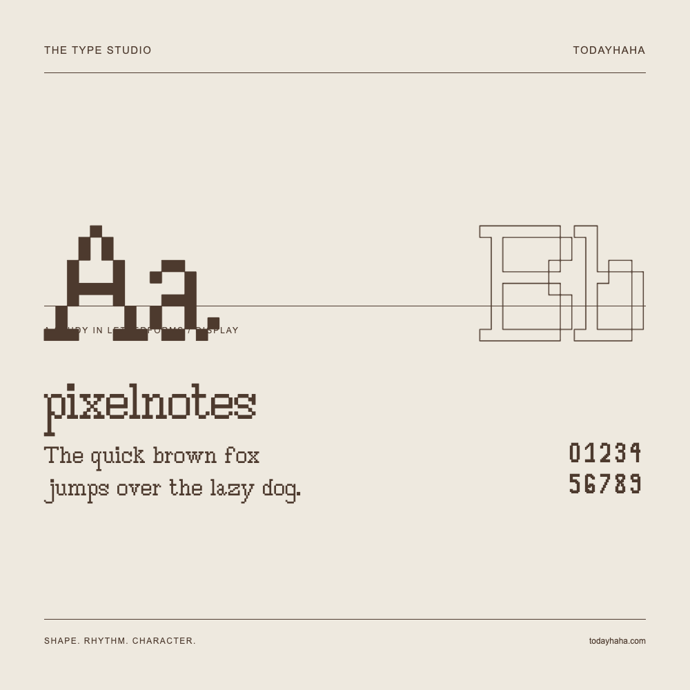 pixelnotes — Buchstabenstudie mit Beispielsatz und Ziffern