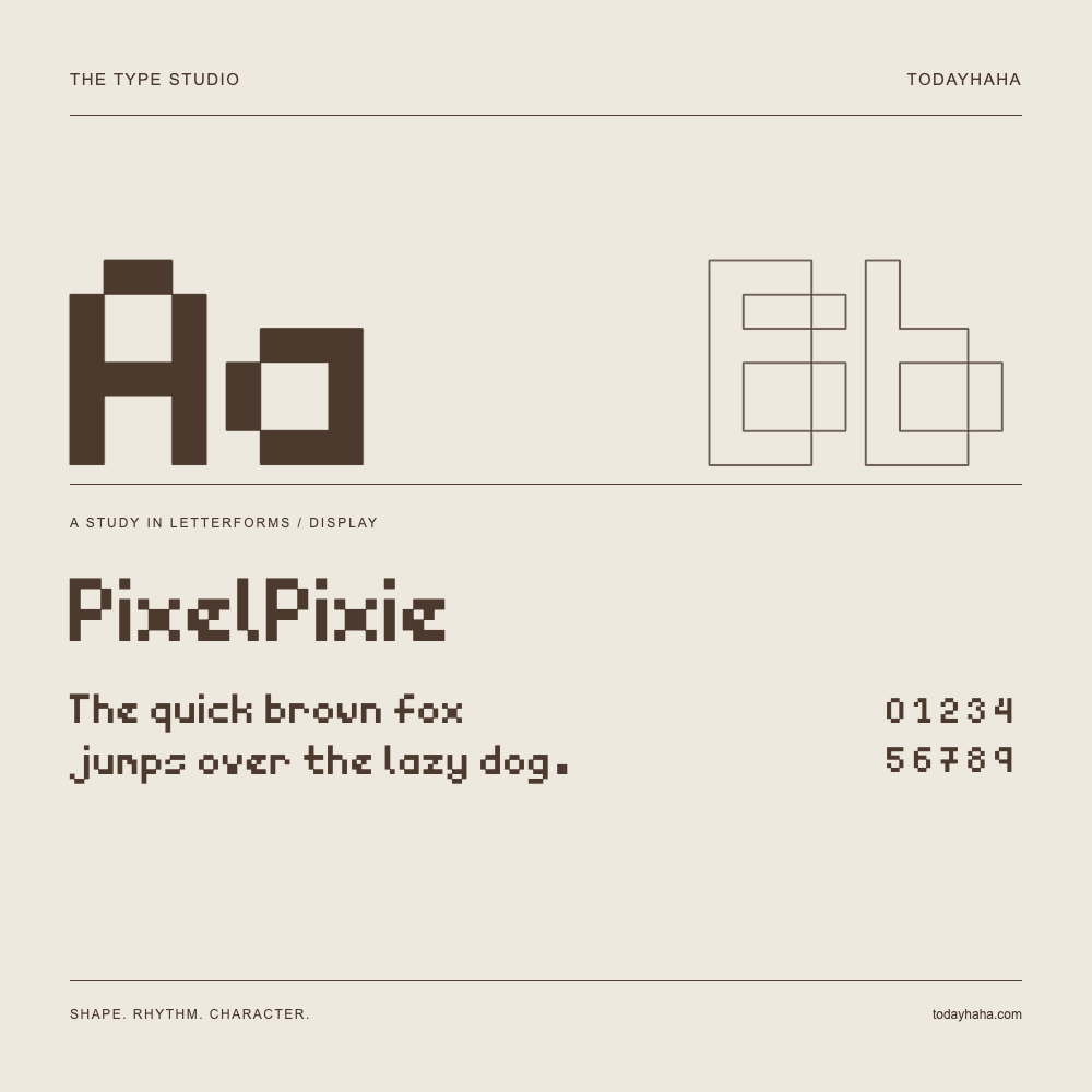 PixelPixie — Buchstabenstudie mit Beispielsatz und Ziffern