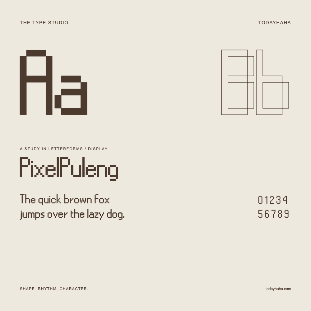 PixelPuleng — Buchstabenstudie mit Beispielsatz und Ziffern