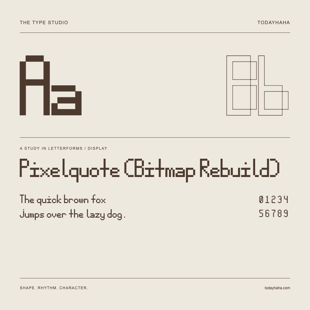Pixelquote (Bitmap Rebuild) — Buchstabenstudie mit Beispielsatz und Ziffern