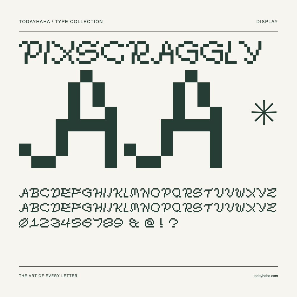 PixScraggly — Font specimen with uppercase and lowercase letters and numbers
