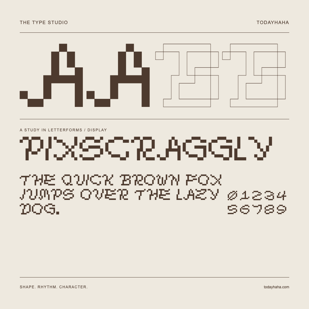 PixScraggly — Letterform study with sample sentence and numbers