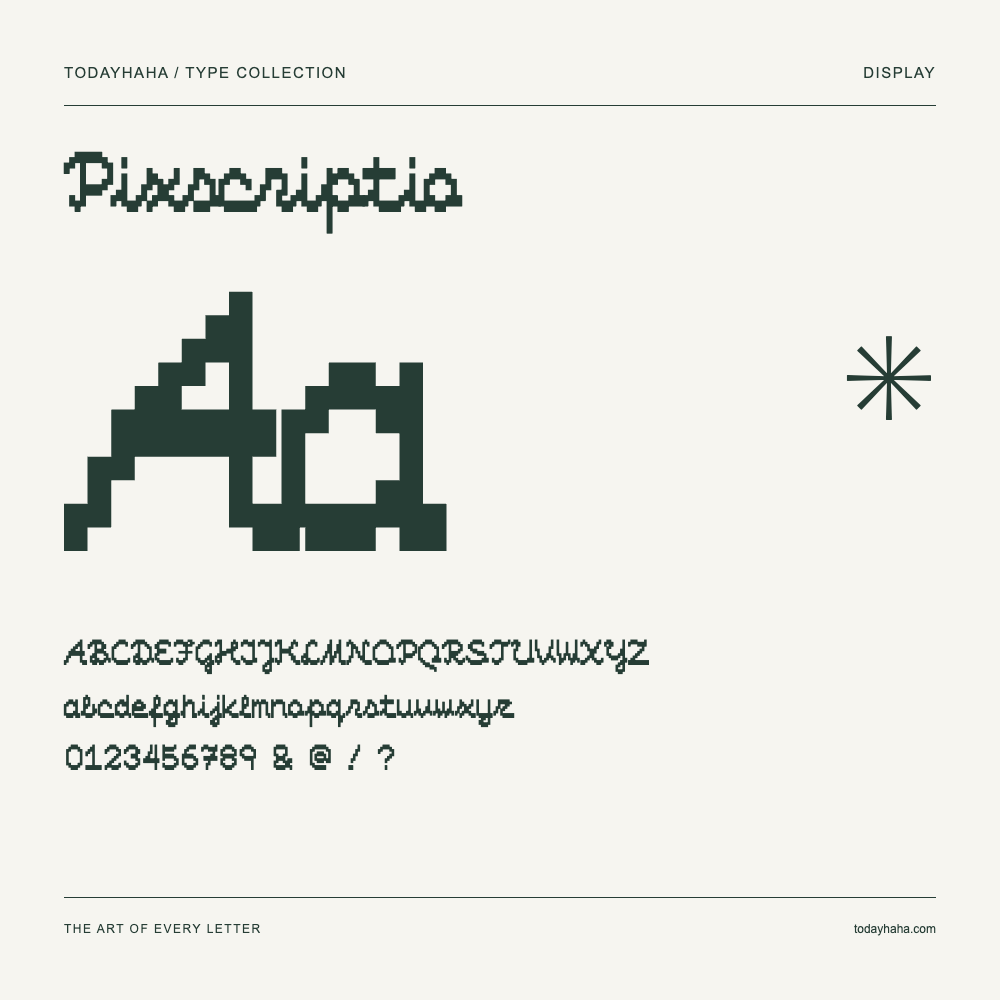 Pixscriptio — Font specimen with uppercase and lowercase letters and numbers