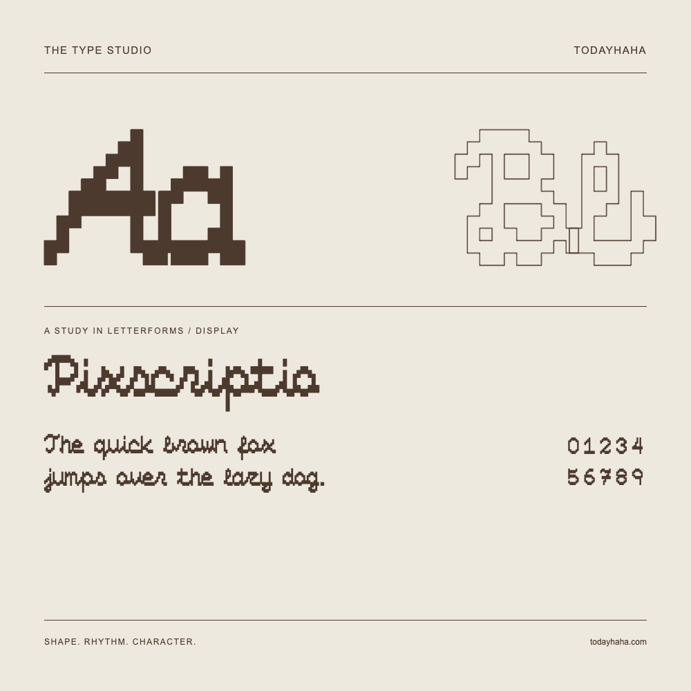 Pixscriptio — Letterform study with sample sentence and numbers