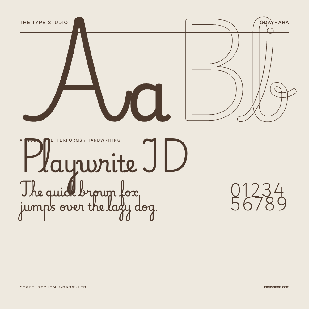 Playwrite ID — Letterform study with sample sentence and numbers