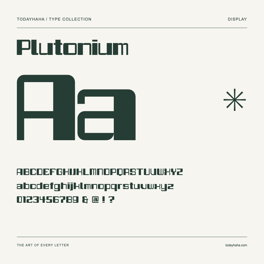Plutonium — Schriftmuster mit Großbuchstaben, Kleinbuchstaben und Ziffern