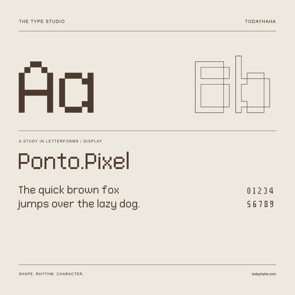 Ponto.Pixel — Letterform study with sample sentence and numbers