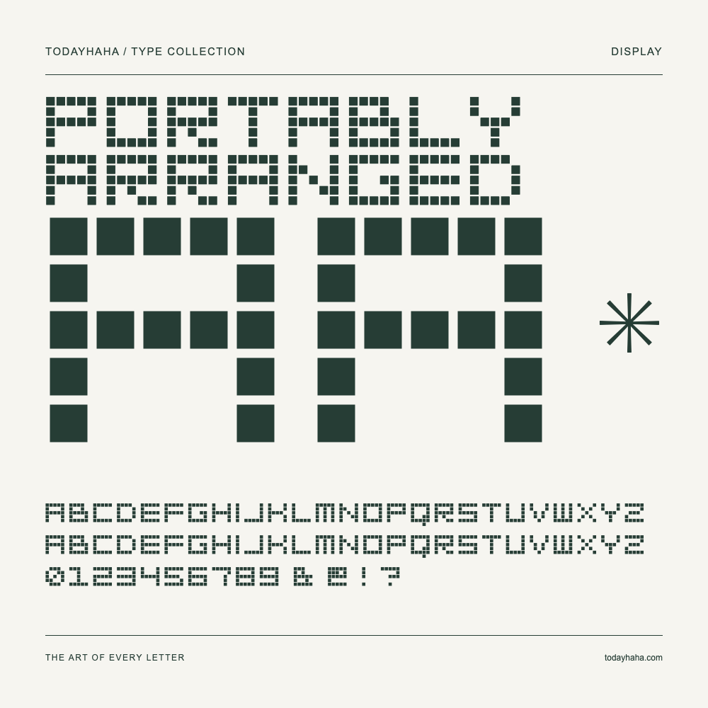 Portably Arranged — Amostra com letras maiúsculas, minúsculas e números