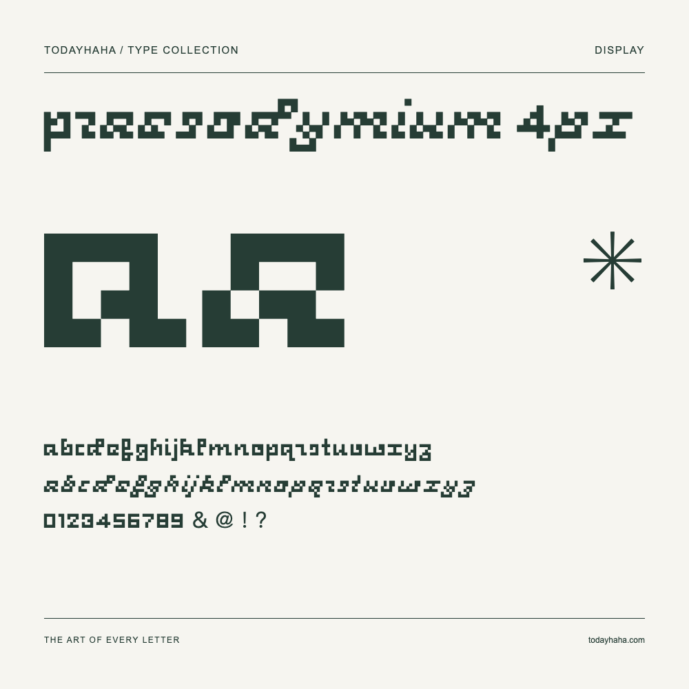 Praesodymium 4px — Schriftmuster mit Großbuchstaben, Kleinbuchstaben und Ziffern