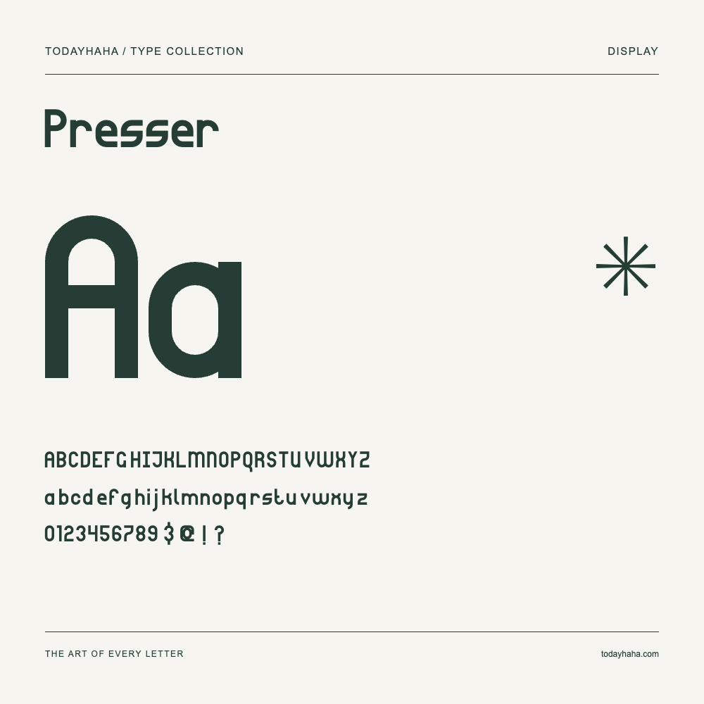 Presser — Schriftmuster mit Großbuchstaben, Kleinbuchstaben und Ziffern