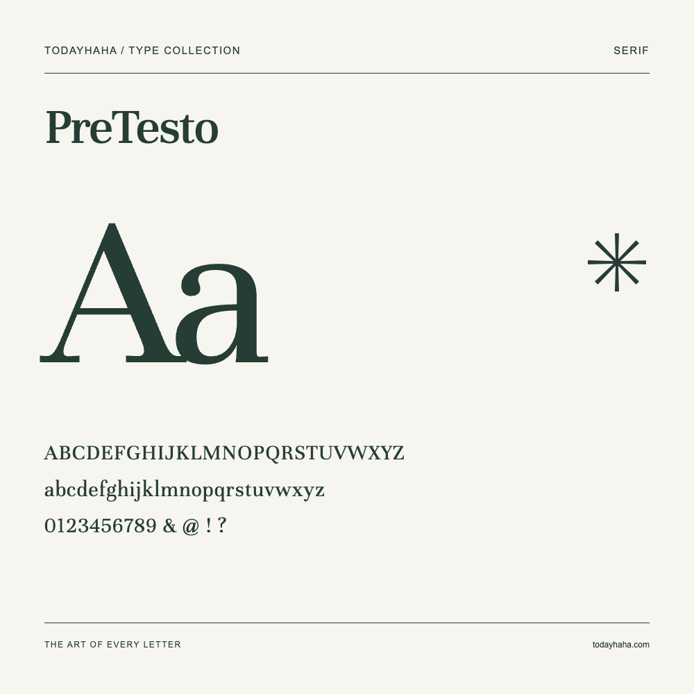 PreTesto — Font specimen with uppercase and lowercase letters and numbers
