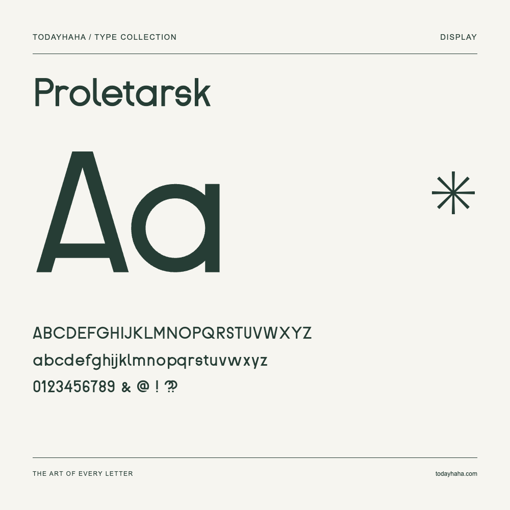 Proletarsk — Font specimen with uppercase and lowercase letters and numbers