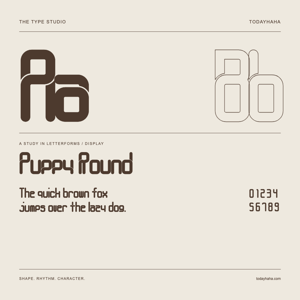 Puppy Round — Buchstabenstudie mit Beispielsatz und Ziffern