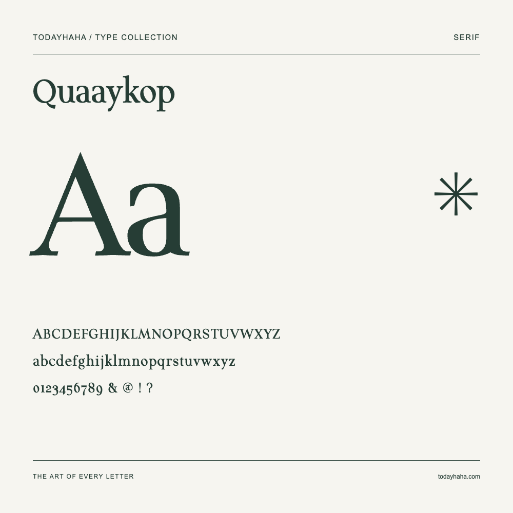 Quaaykop — Font specimen with uppercase and lowercase letters and numbers