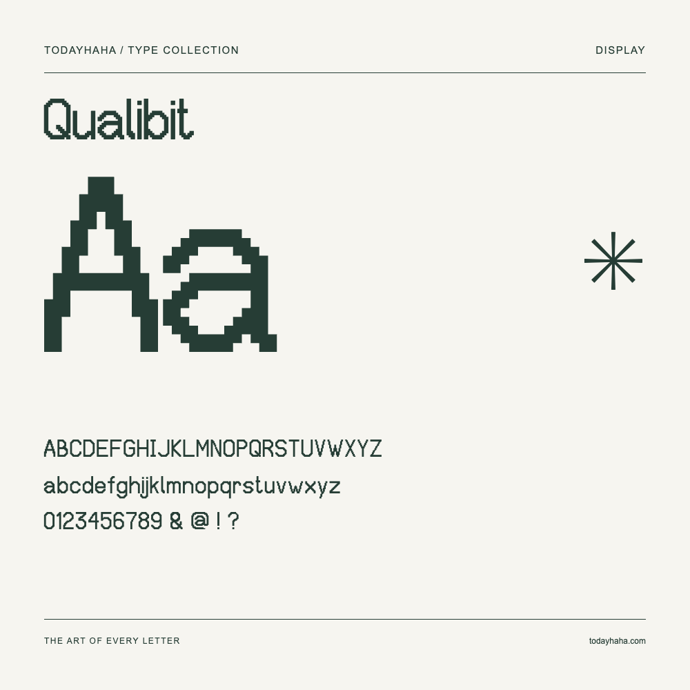 Qualibit — Font specimen with uppercase and lowercase letters and numbers