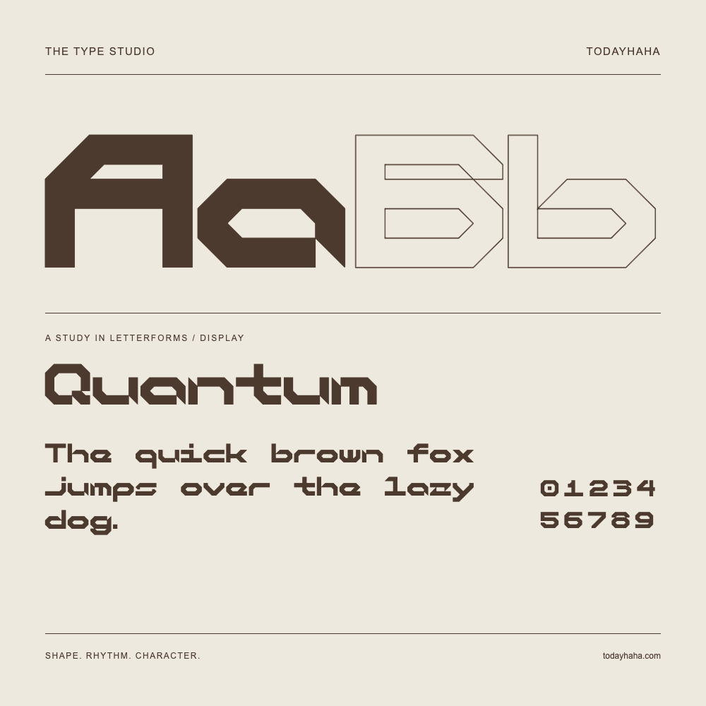 Quantum — Letterform study with sample sentence and numbers
