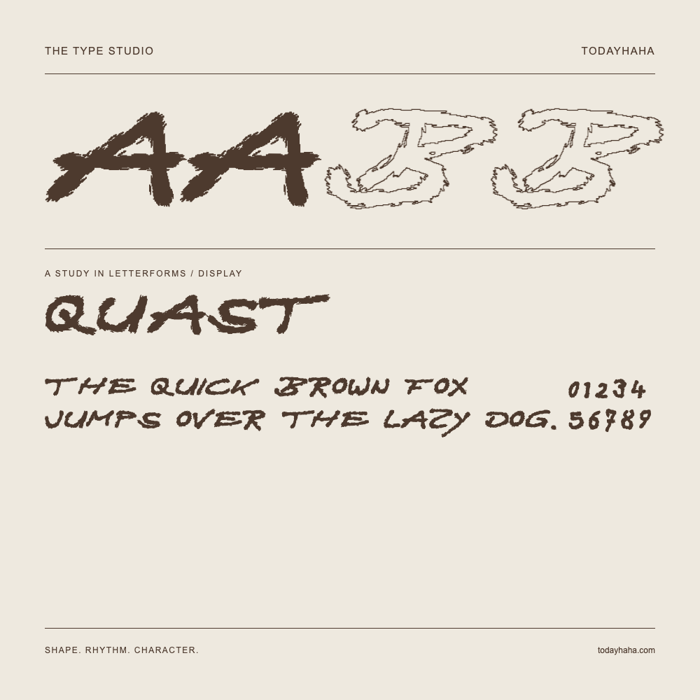Quast — Letterform study with sample sentence and numbers