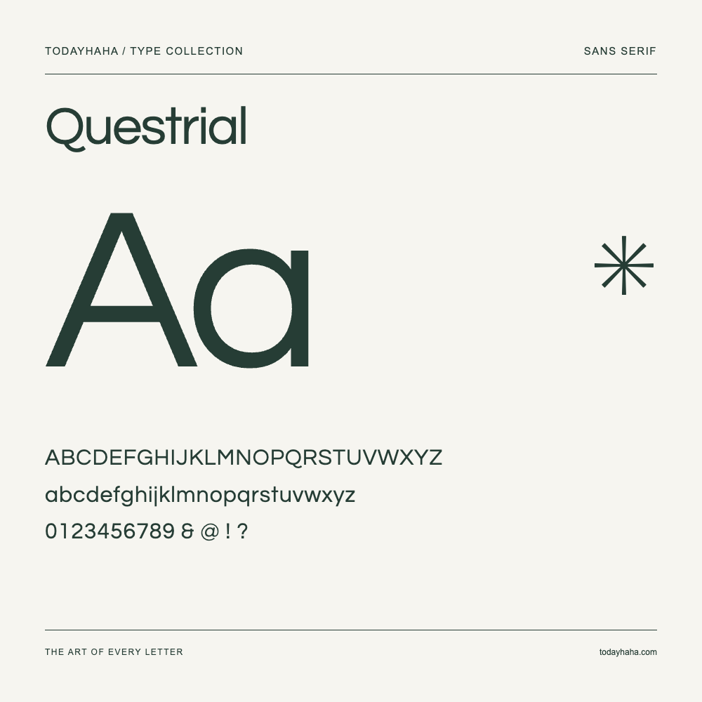 Questrial — Font specimen with uppercase and lowercase letters and numbers