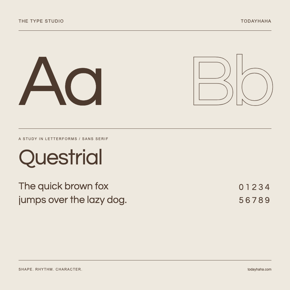 Questrial — Letterform study with sample sentence and numbers
