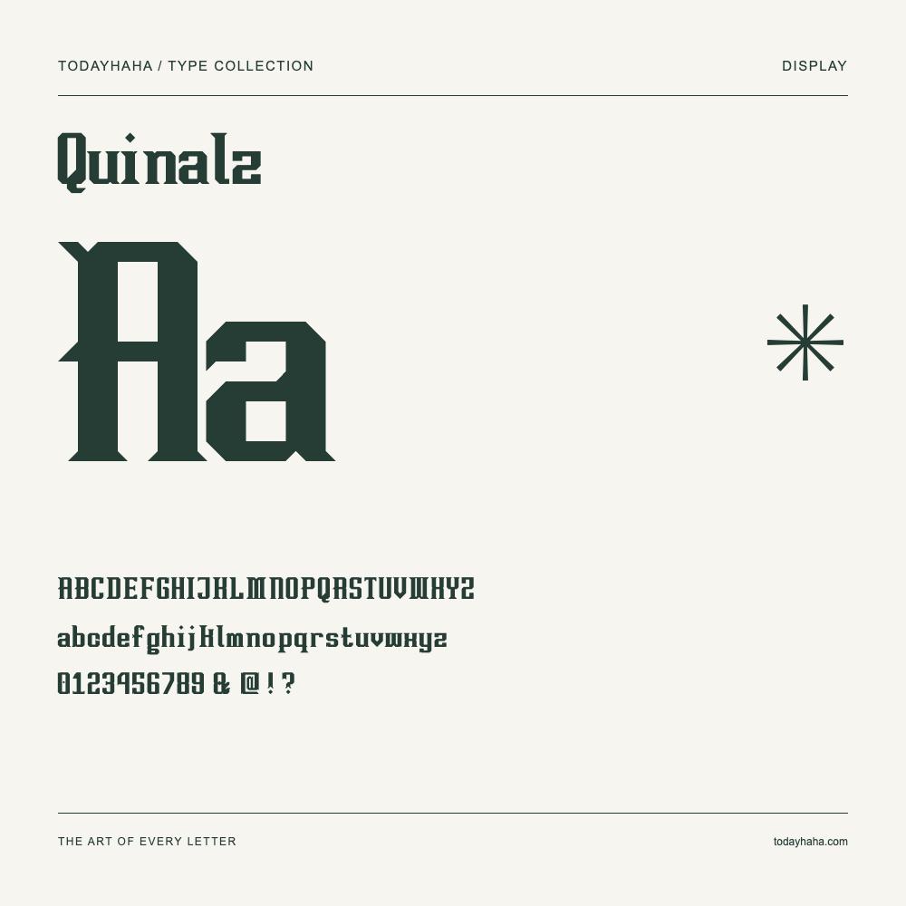 Quinalz — Spécimen avec majuscules, minuscules et chiffres