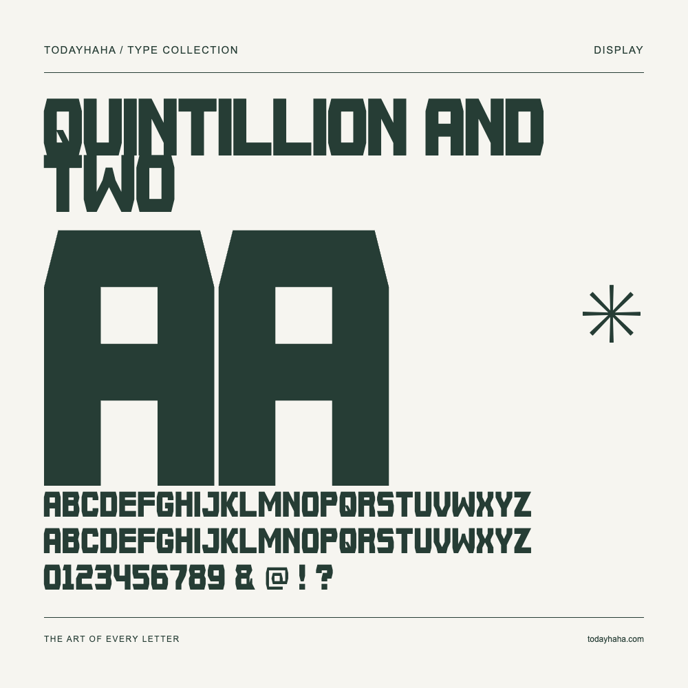 Quintillion And Two — Spécimen avec majuscules, minuscules et chiffres