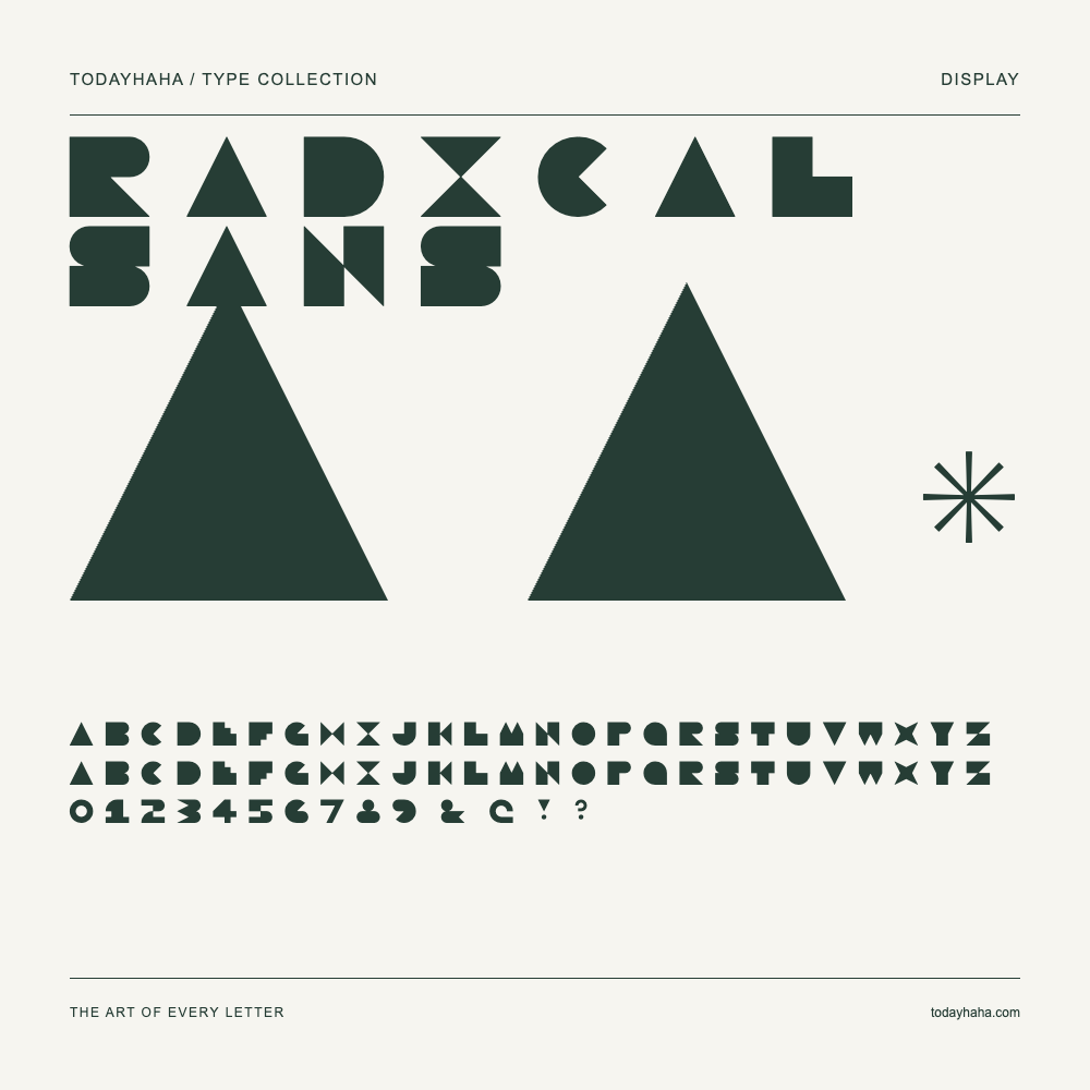 Radical Sans — Schriftmuster mit Großbuchstaben, Kleinbuchstaben und Ziffern