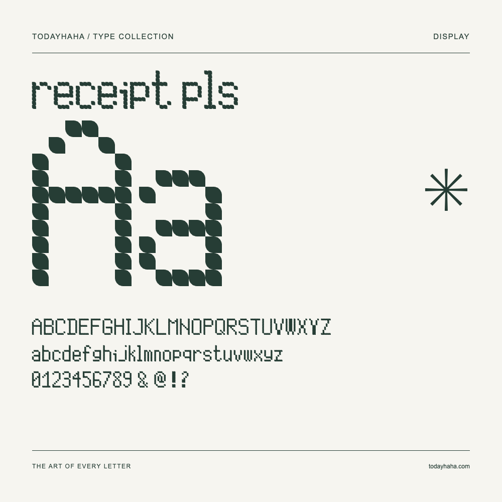 receipt pls — Schriftmuster mit Großbuchstaben, Kleinbuchstaben und Ziffern