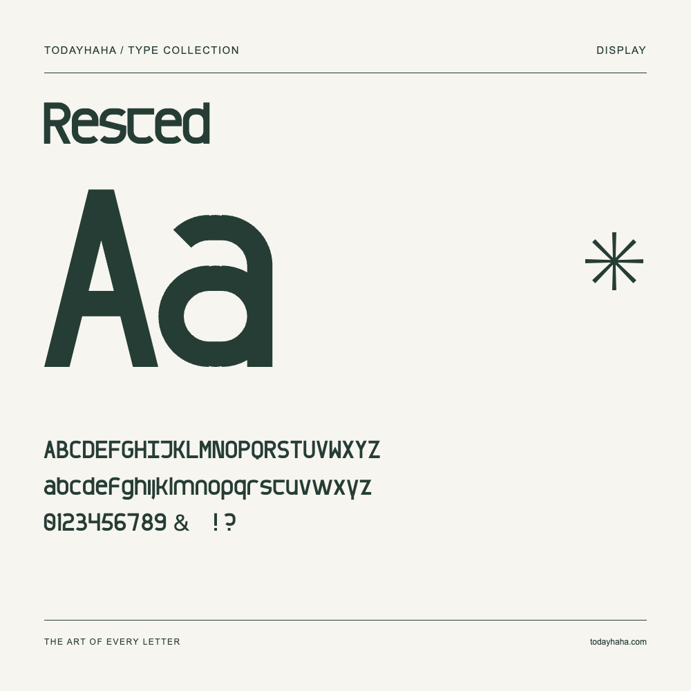 Rested — Schriftmuster mit Großbuchstaben, Kleinbuchstaben und Ziffern