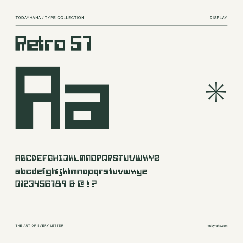 Retro 57 — Schriftmuster mit Großbuchstaben, Kleinbuchstaben und Ziffern