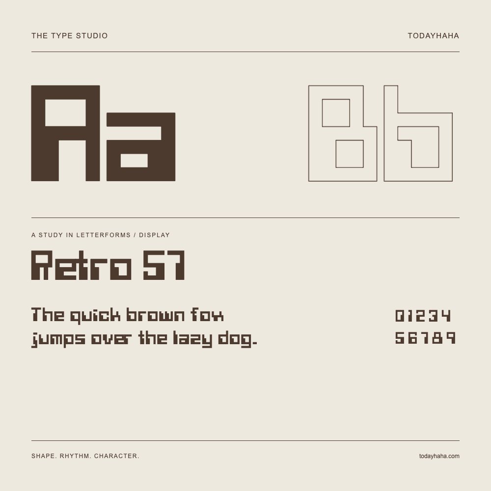 Retro 57 — Buchstabenstudie mit Beispielsatz und Ziffern