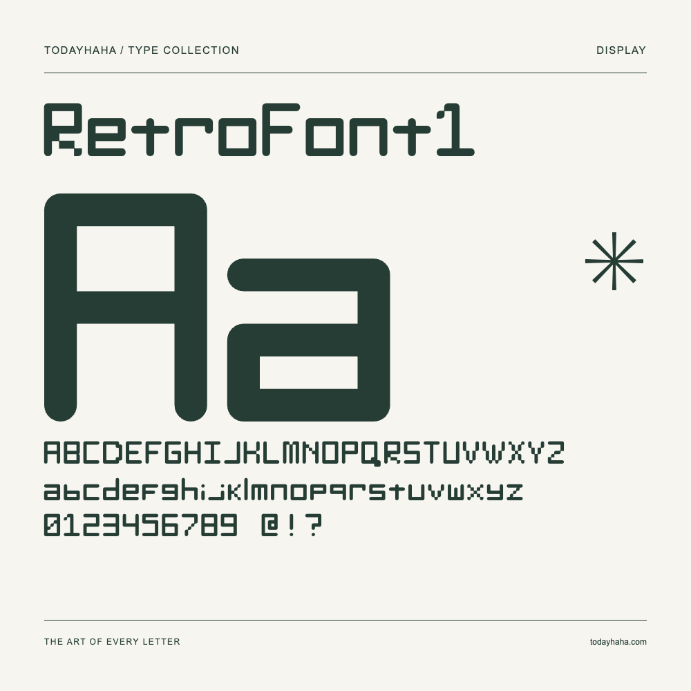 RetroFont1 — Muestra de mayúsculas, minúsculas y números