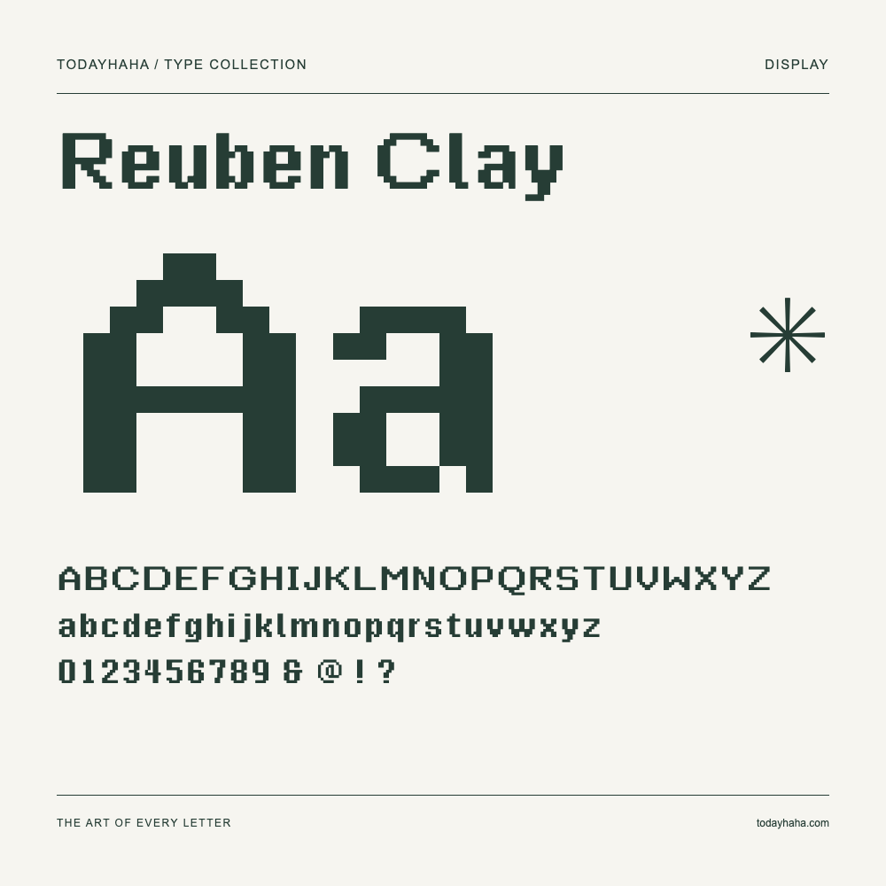 Reuben Clay — Font specimen with uppercase and lowercase letters and numbers