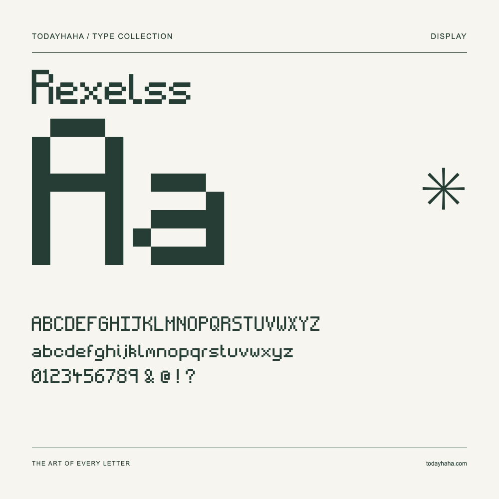 Rexelss — Spécimen avec majuscules, minuscules et chiffres