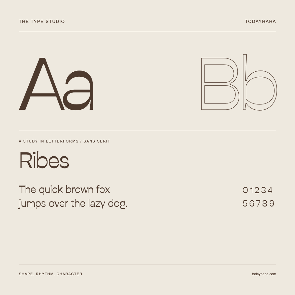 Ribes — Letterform study with sample sentence and numbers