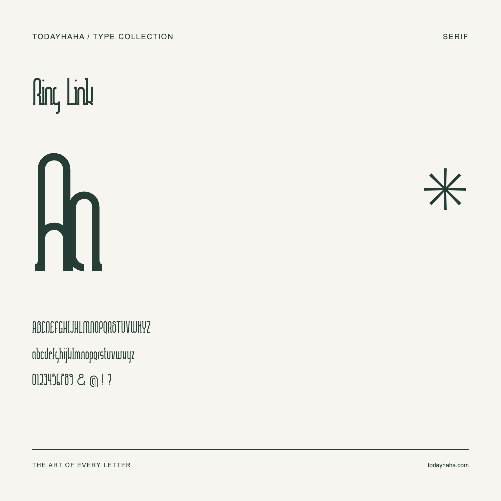 Ring Link — Font specimen with uppercase and lowercase letters and numbers