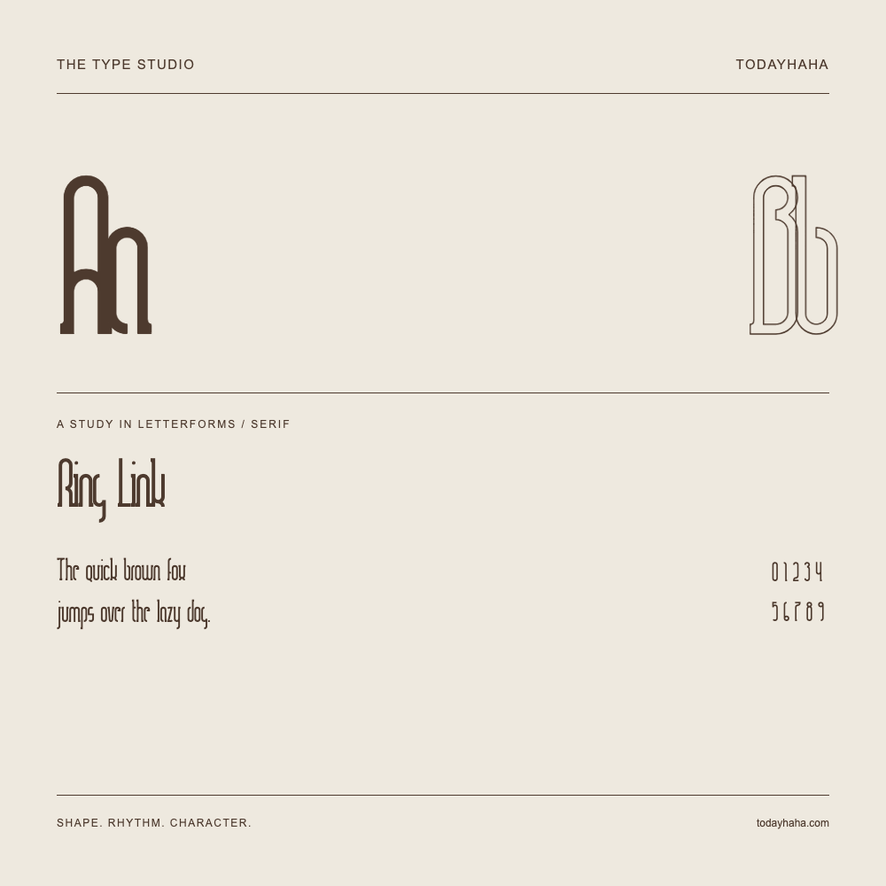 Ring Link — Letterform study with sample sentence and numbers