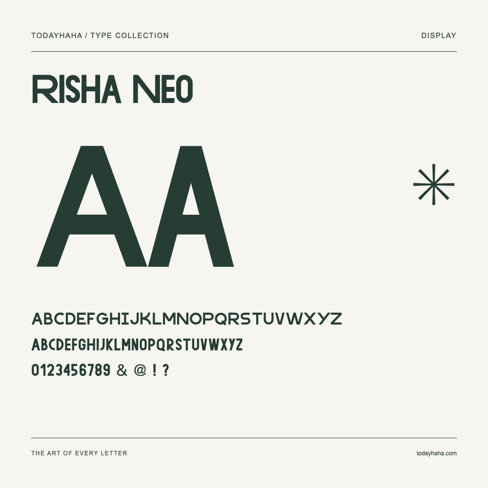 Risha Neo — Font specimen with uppercase and lowercase letters and numbers