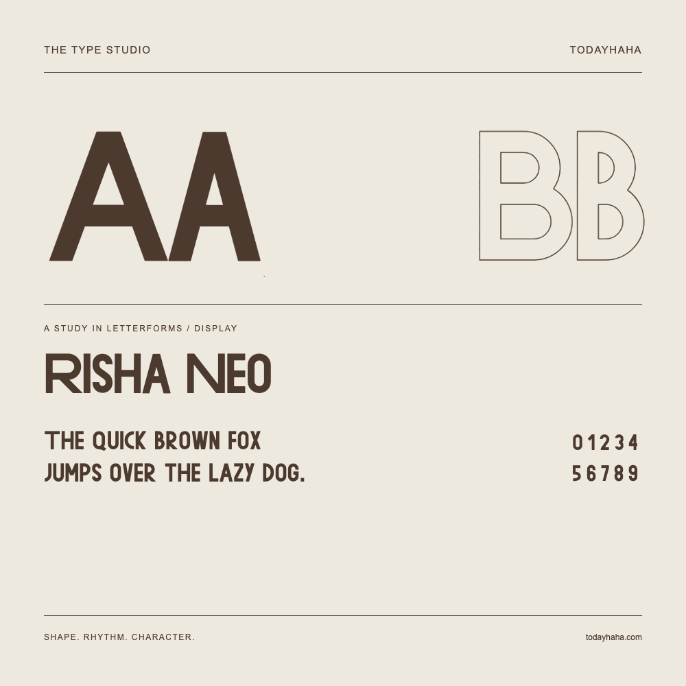 Risha Neo — Letterform study with sample sentence and numbers