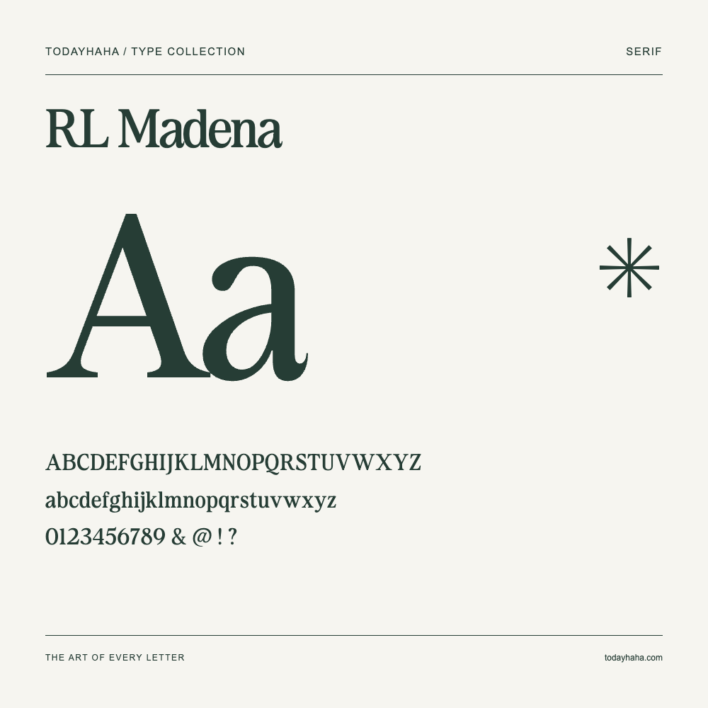 RL Madena — Font specimen with uppercase and lowercase letters and numbers