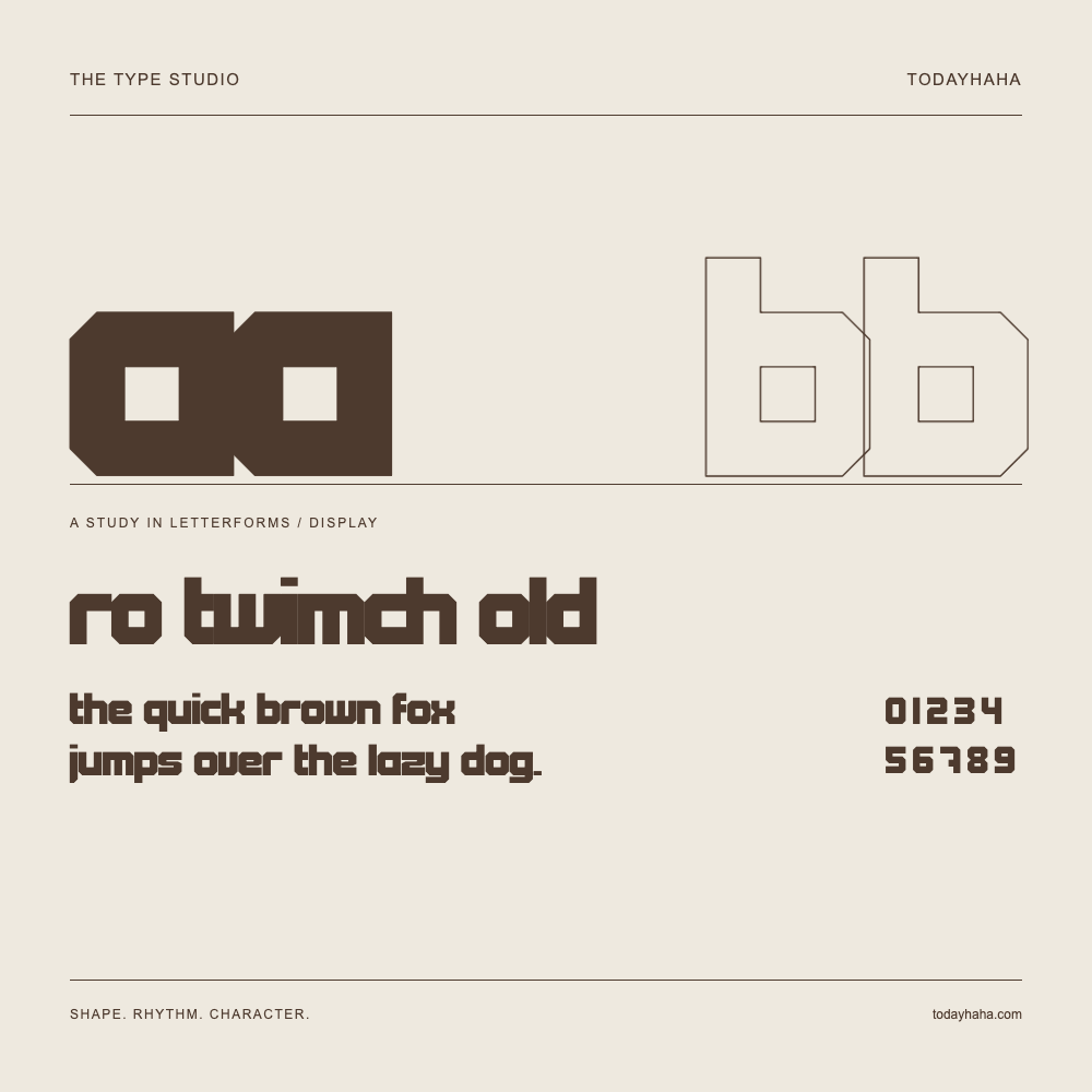 RO Twimch Old — Letterform study with sample sentence and numbers