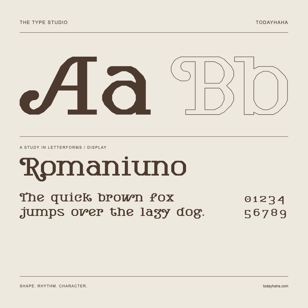 Romaniuno — Buchstabenstudie mit Beispielsatz und Ziffern