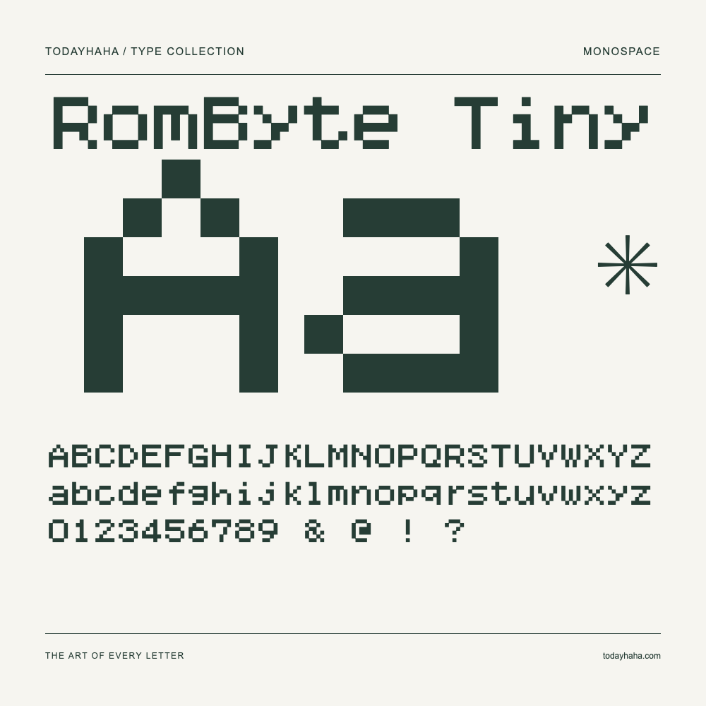 RomByte Tiny — Schriftmuster mit Großbuchstaben, Kleinbuchstaben und Ziffern