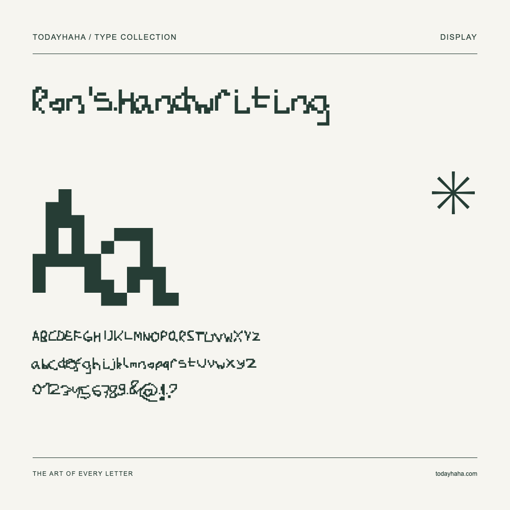 Ron's Handwriting — Font specimen with uppercase and lowercase letters and numbers