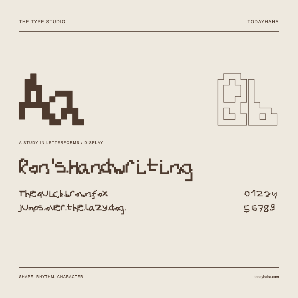 Ron's Handwriting — Letterform study with sample sentence and numbers