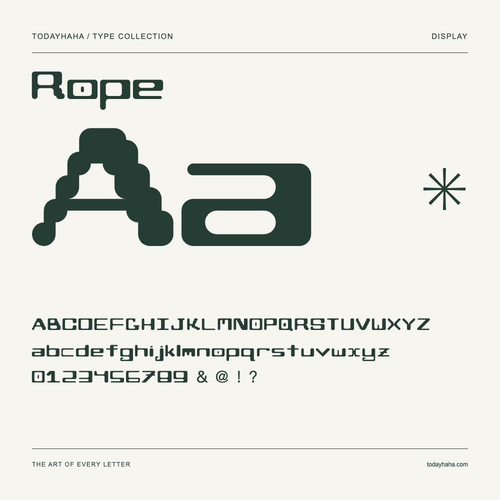 Rope — Spécimen avec majuscules, minuscules et chiffres