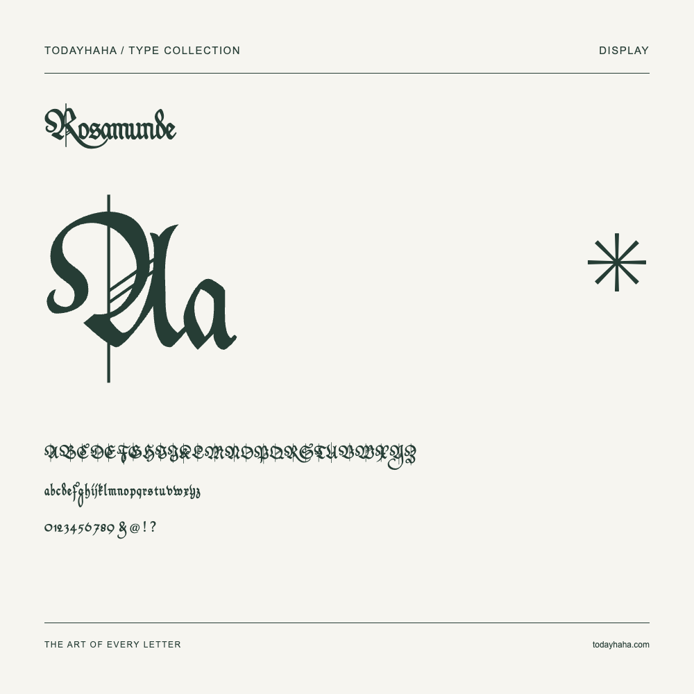 Rosamunde — Schriftmuster mit Großbuchstaben, Kleinbuchstaben und Ziffern