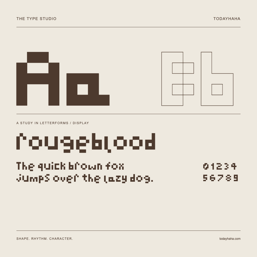 rougeblood — Buchstabenstudie mit Beispielsatz und Ziffern