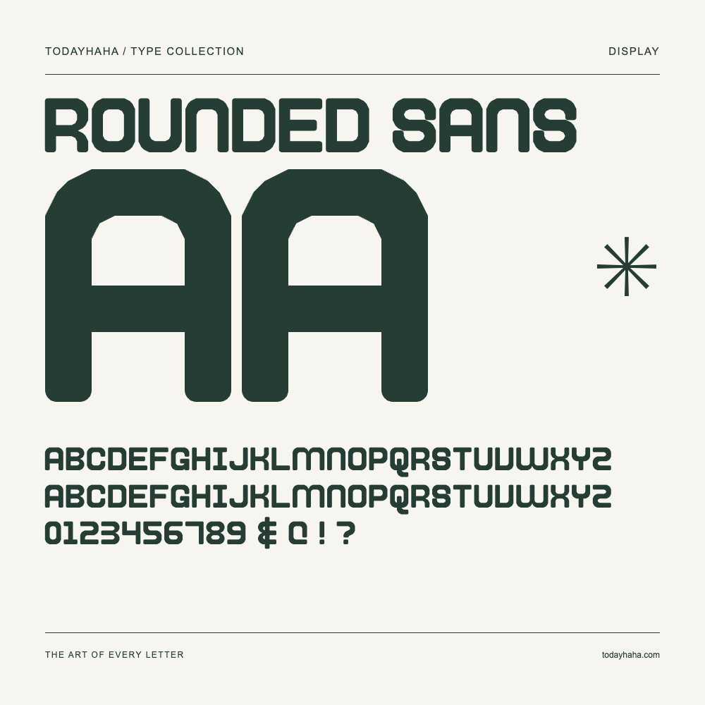 Rounded Sans — Schriftmuster mit Großbuchstaben, Kleinbuchstaben und Ziffern