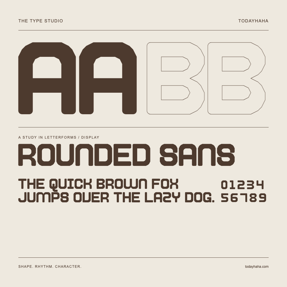Rounded Sans — Buchstabenstudie mit Beispielsatz und Ziffern